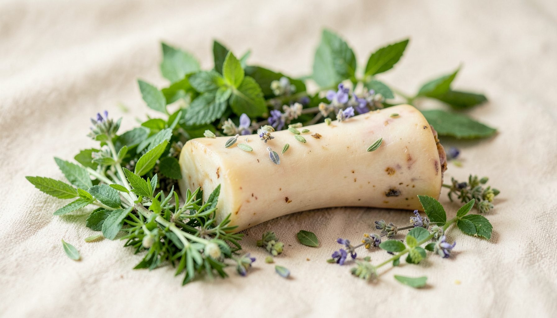 Compresa tibia con hierbas aromáticas sobre una superficie suave, tonos verdes y beige que transmiten alivio y cuidado casero para el herpes zóster.