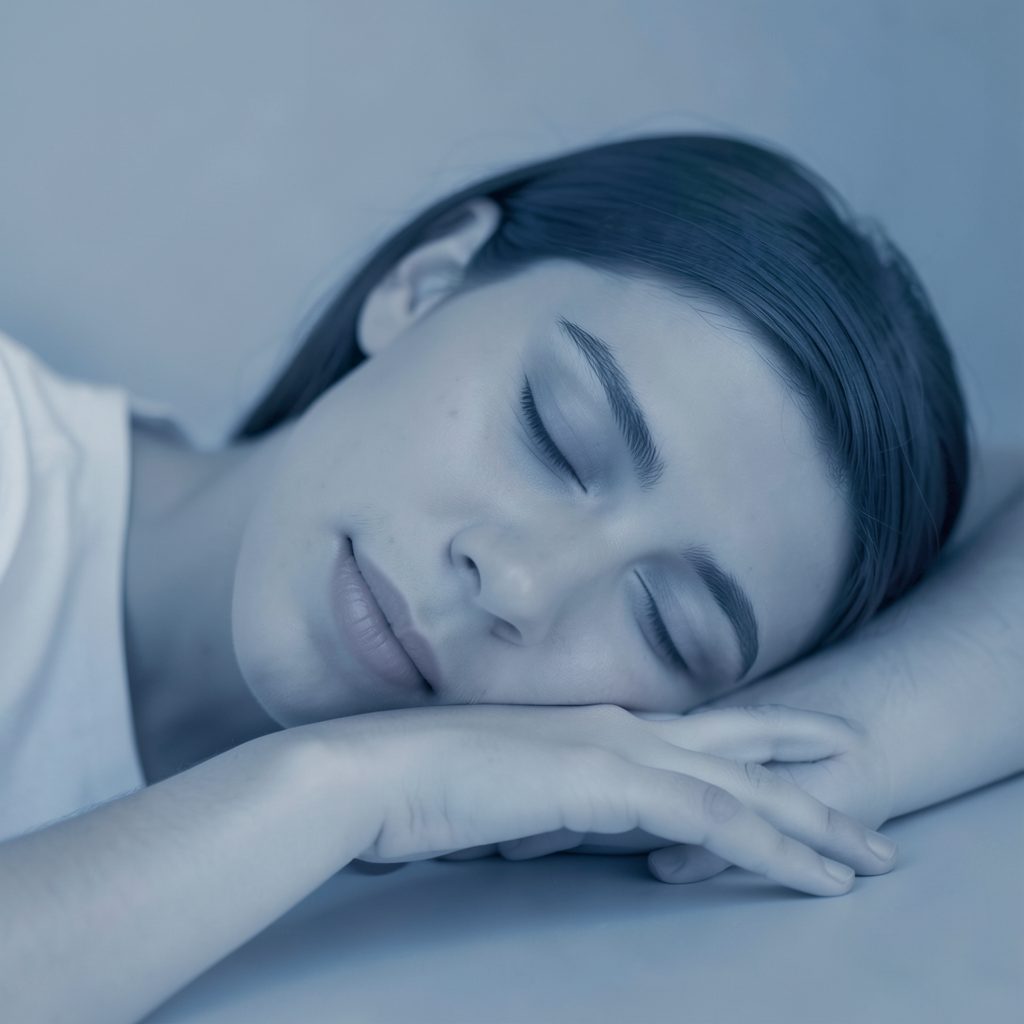 Ilustración suave de un rostro apoyado sobre una mano en gesto de descanso, en tonos azules y grises, transmitiendo calma