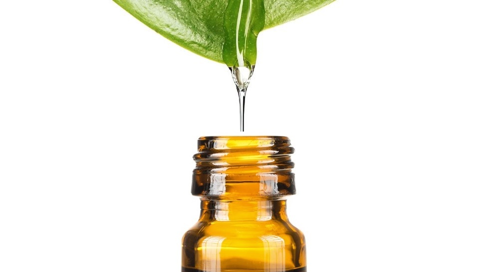 Primer plano de una hoja verde goteando líquido hacia una botella ámbar, en tonos verdes y ámbar, con un aire minimalista y tranquilo