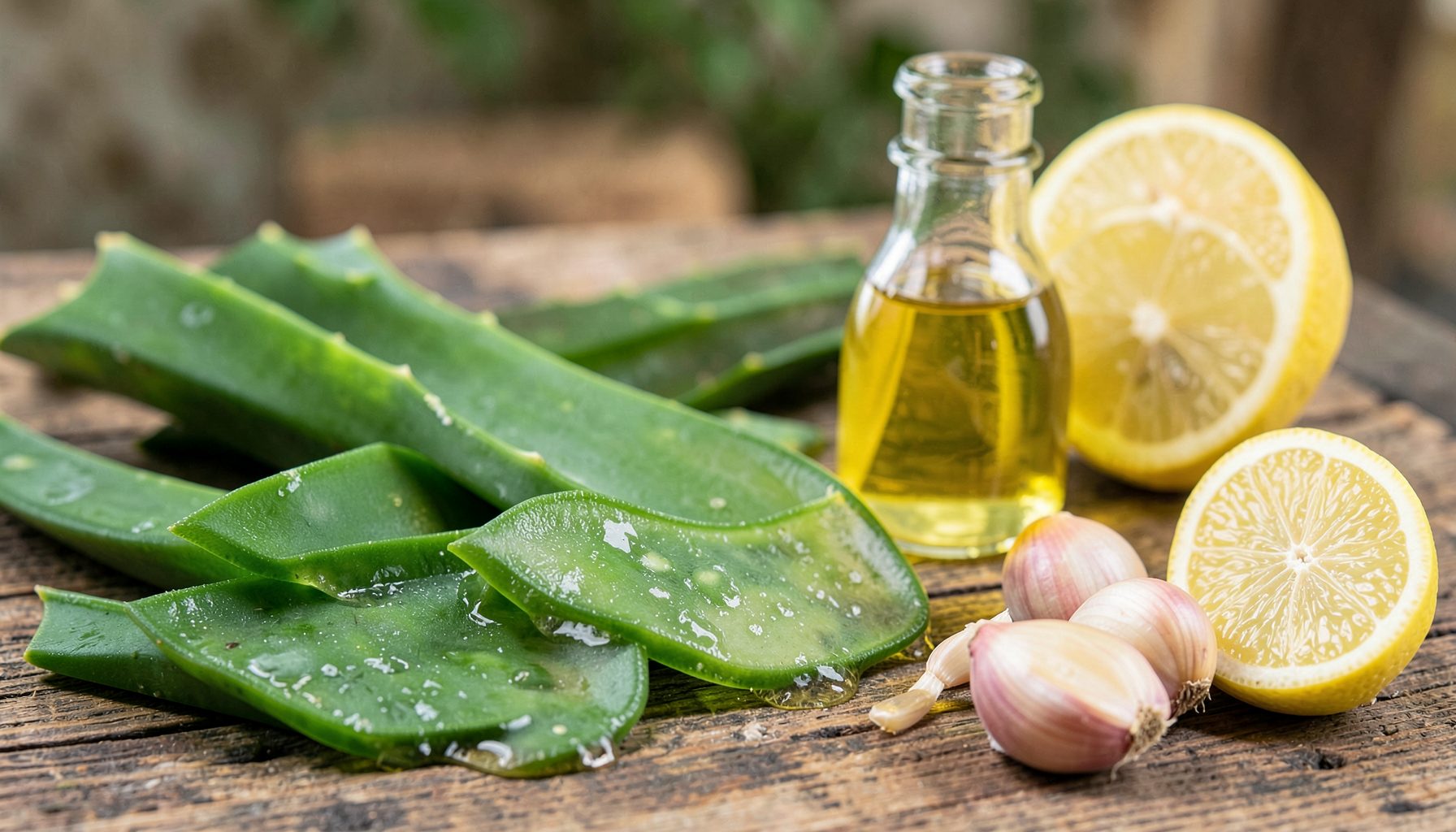 Ingredientes naturales frescos sobre una mesa rústica: hojas de aloe vera cortadas mostrando su gel transparente, dientes de ajo, limones y un frasco de aceite, en tonos verdes y cálidos que transmiten bienestar y remedios caseros.