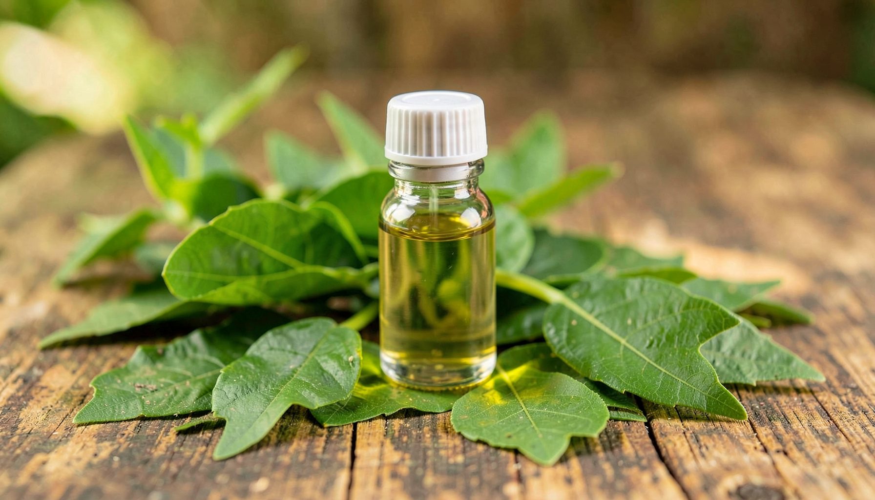 Pequeño frasco de aceite de neem junto a hojas verdes frescas sobre una superficie de madera, tonos verdes y dorados que evocan un remedio botánico tradicional.