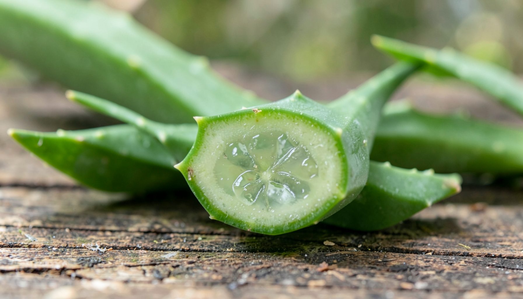 Planta de aloe vera fresca cortada sobre una superficie rústica, mostrando el gel transparente en su interior