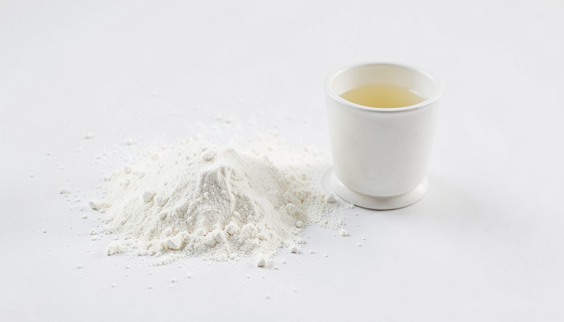 Polvo de bicarbonato de sodio esparcido sobre una superficie blanca junto a un recipiente pequeño, tonos neutros y limpios.
